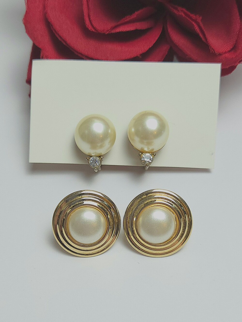 Vintage Avon Faux Pearl & Crystal Clip on Earrings & Faux Pearl Gold Earrings